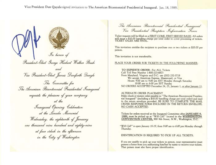 Dan Quayle signed invitation